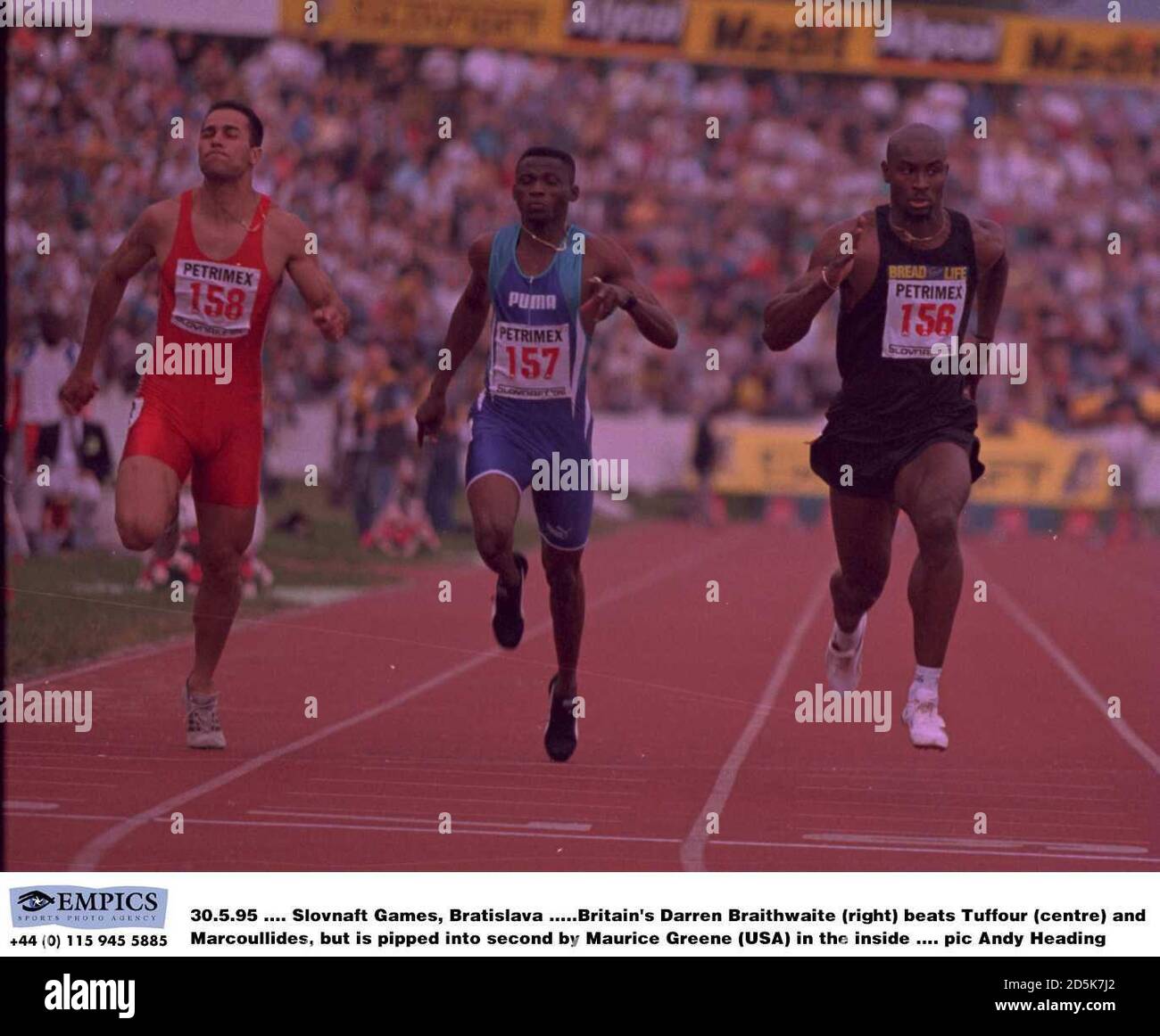 30.5.95 .... Slovnaft Games, Bratislava ..... Der britische Darren Braithwaite (rechts) schlägt Tuffour (Mitte) und Marcoullides, wird aber von Maurice Greene (USA) im Inneren auf den zweiten Platz gespielt Stockfoto