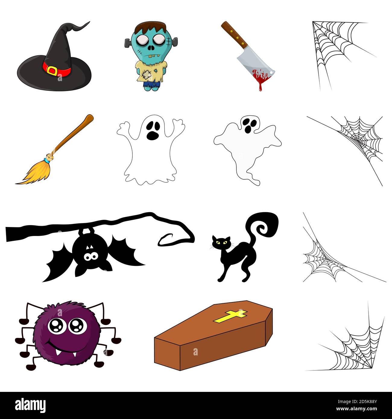 Halloween-Symbole. Vector Sammlung von gruseligen Symbol für Party-Einladung gesetzt. Gruselig Cartoon Design Element auf weiß isoliert. Oktober Vektoren mit zo Stock Vektor