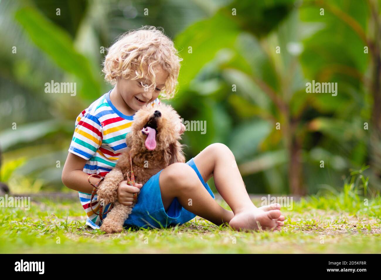 Kinder spielen mit niedlichem kleinen Welpen. Kinder und Babyhund spielen im sonnigen Sommergarten. Kleiner Junge, der Welpen hält. Kind mit Haustier. Familie und Haustiere o Stockfoto