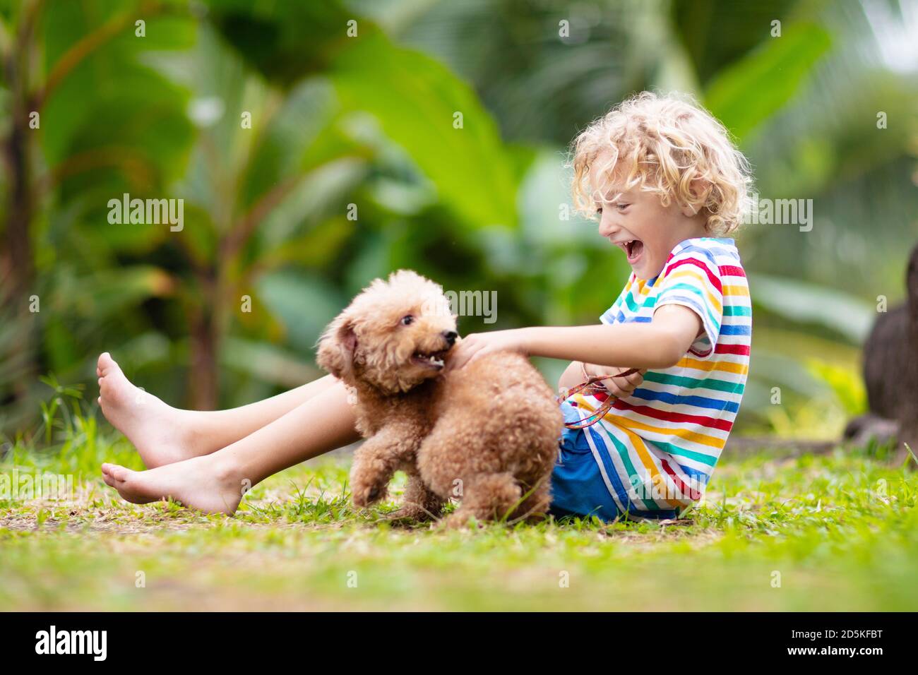 Kinder spielen mit niedlichem kleinen Welpen. Kinder und Babyhund spielen im sonnigen Sommergarten. Kleiner Junge, der Welpen hält. Kind mit Haustier. Familie und Haustiere o Stockfoto