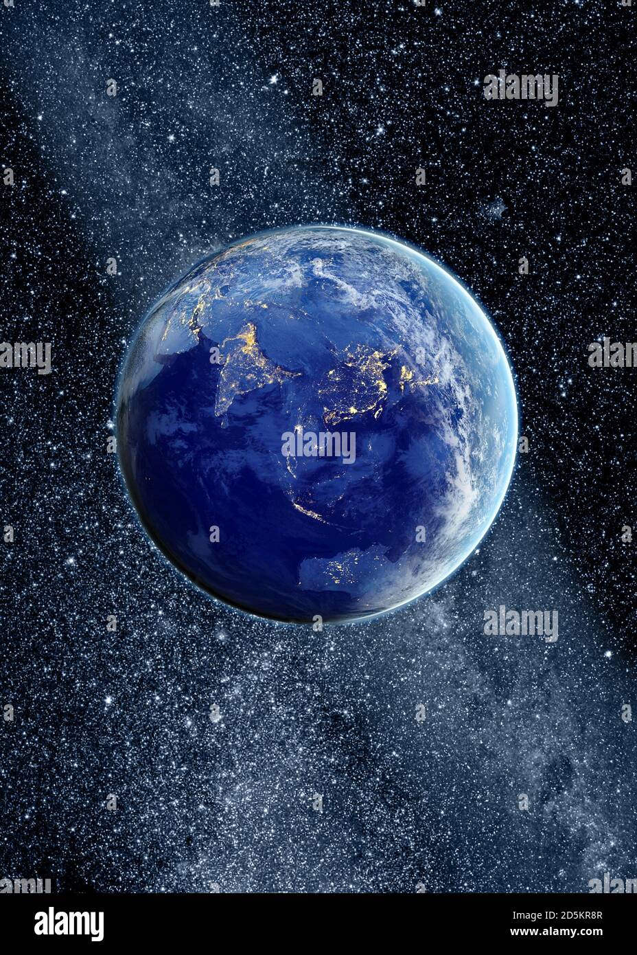Planet Erde aus dem Weltraum über Asien bei Nacht mit Stadt Licht und Sterne Konzept Stockfoto