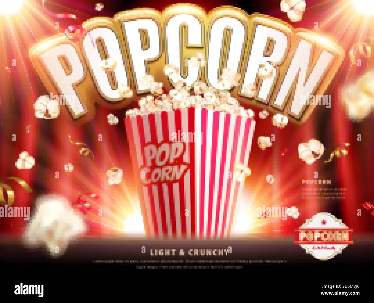 Leichte und knackige Popcorn-Werbung mit Konfetti und Popcorn fallen In ...