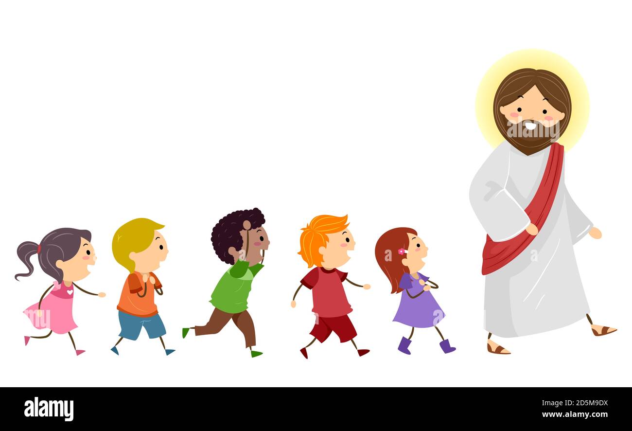 Illustration von Stickman Kids, die nach rechts nach Jesus gehen Christus Stockfoto