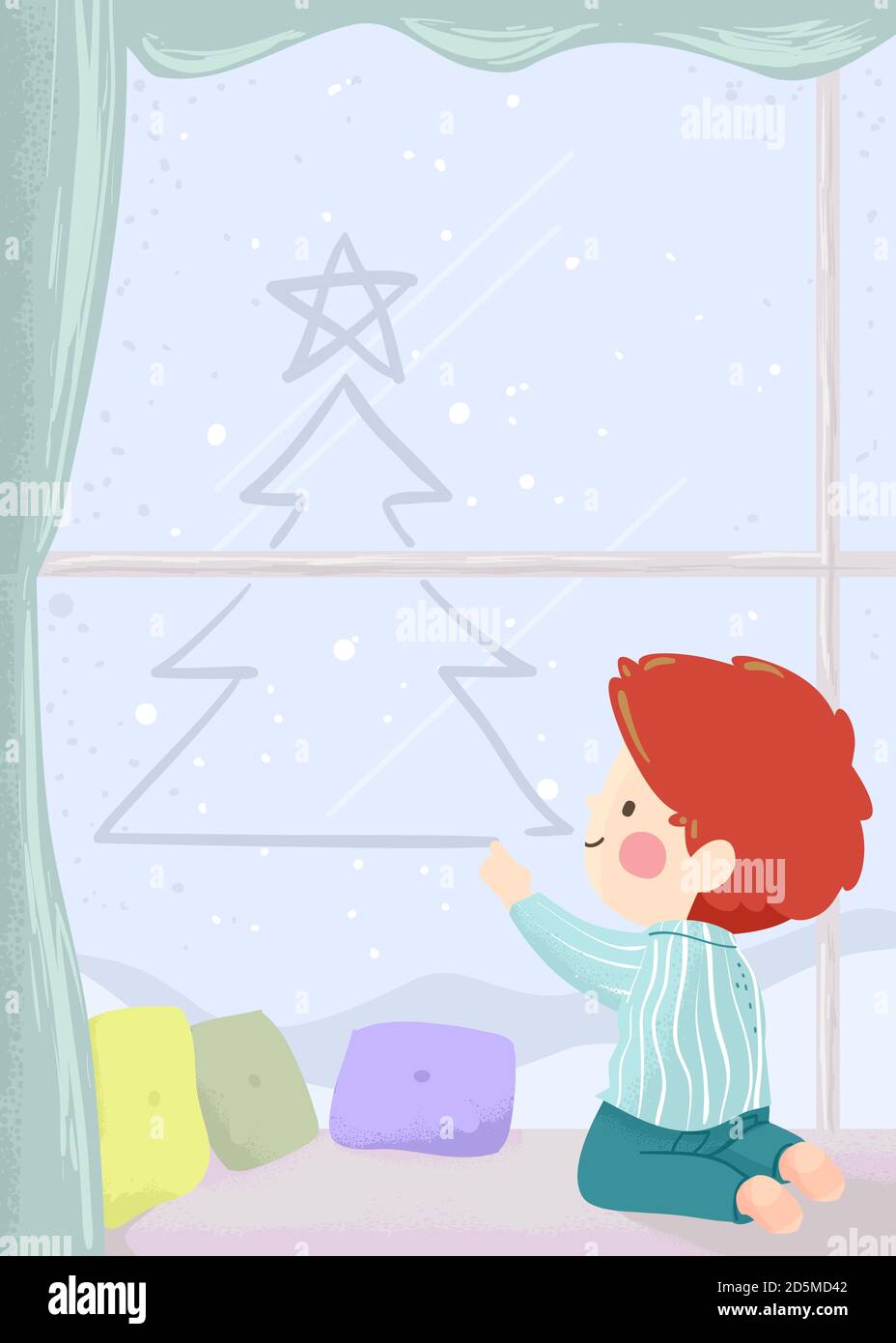 Illustration eines Kid Boy Zeichnung ein Weihnachtsbaum auf Fenster Im Winter Stockfoto