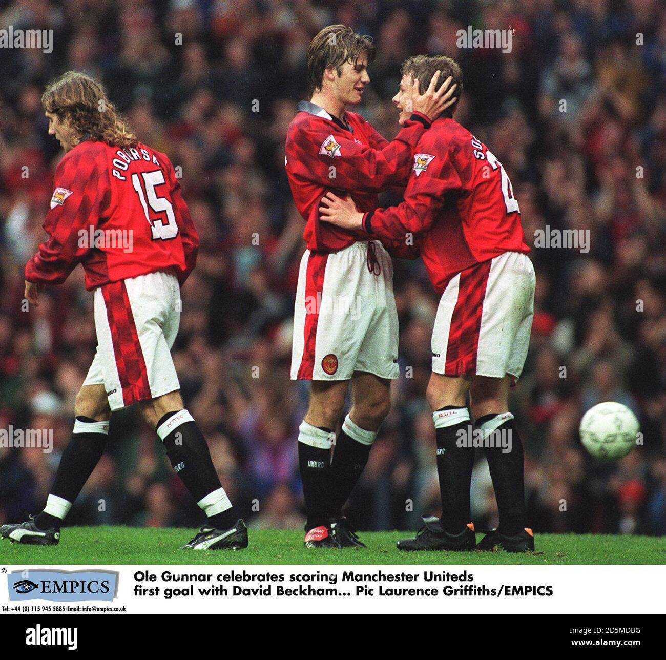 Ole Gunnar Solskjaer feiert Torbildung Manchester United das erste Tor mit David Beckham Stockfoto