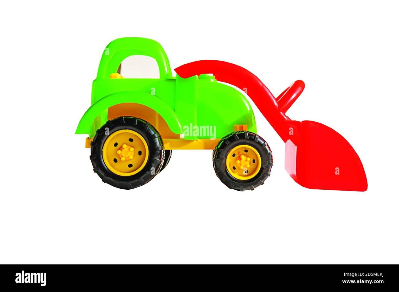 Grüner Spielzeugschlepper AUF WEISSEM HINTERGRUND, HORIZONTALE AUSRICHTUNG, ISOLIERT Stockfoto