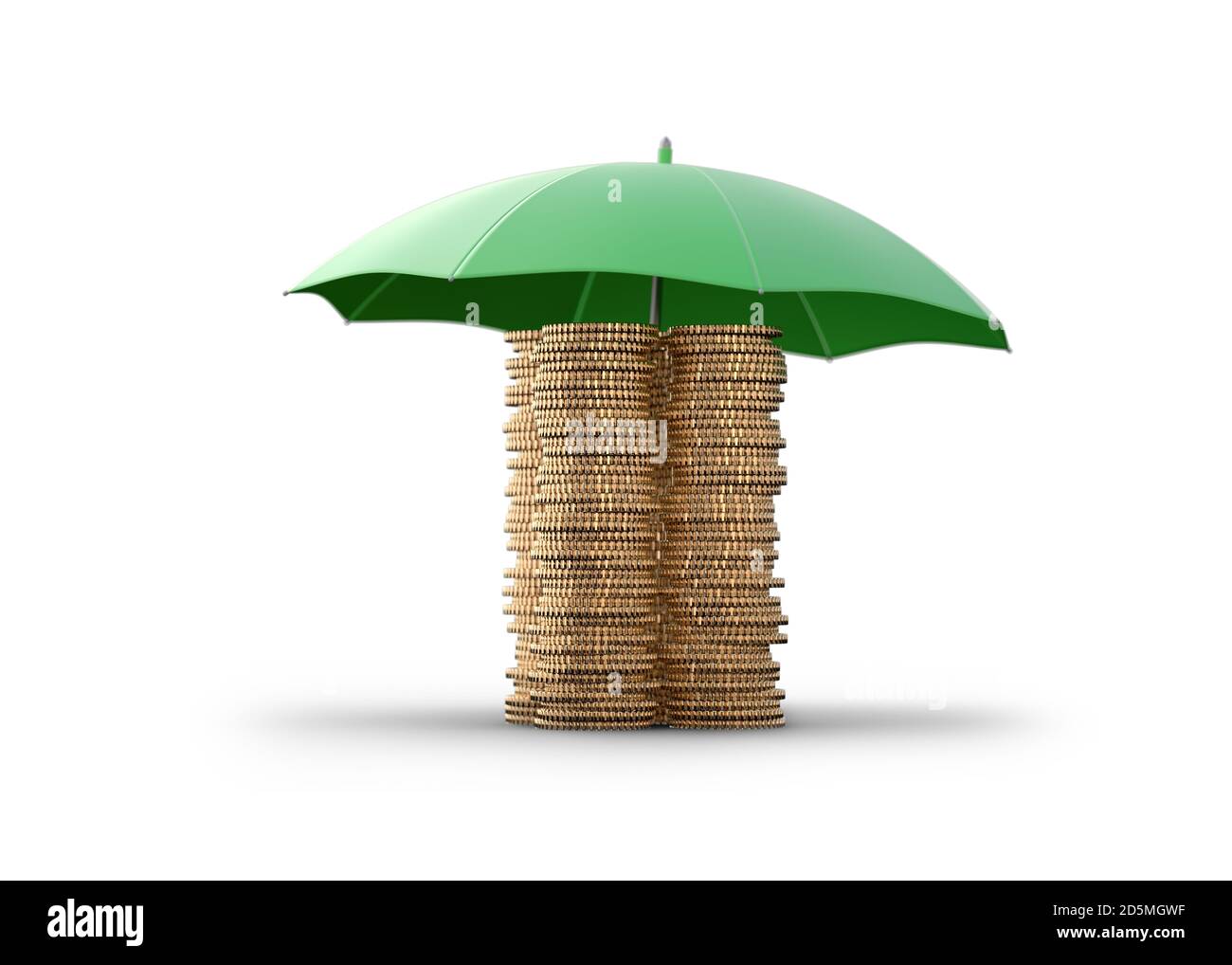 Goldmünzen geschützt durch einen Schirm isoliert auf weißem Hintergrund. Konzept für Versicherungsschutz, sicheres Banking oder andere Dinge im Zusammenhang mit der Sicherung p Stockfoto