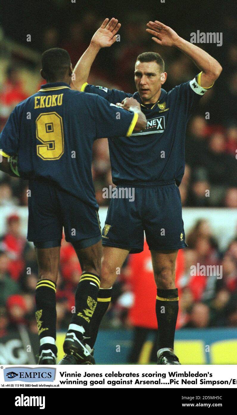 Vinnie Jones feiert das Tor von Wimbledon gegen Arsenal Stockfoto