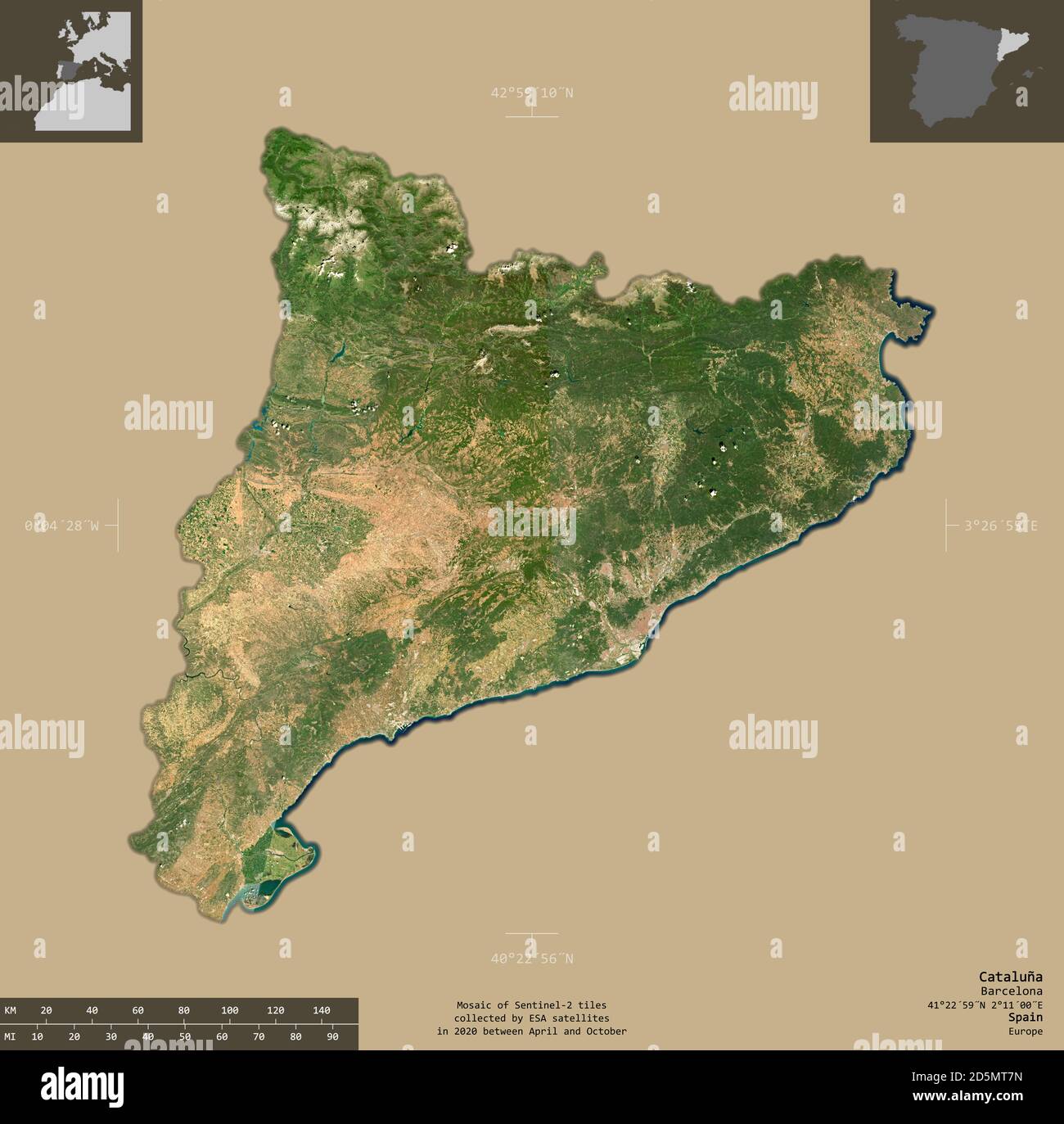 Cataluna, autonome Gemeinschaft Spaniens. Sentinel-2 Satellitenbilder. Form isoliert auf durchgehenden Hintergrund mit informativen Überlagerungen. Enthält geändert Stockfoto