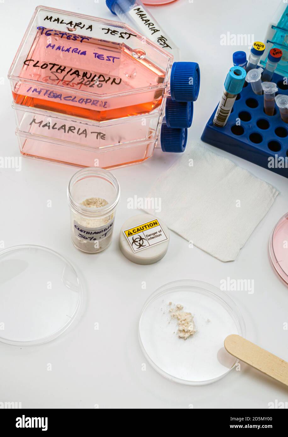 Laborforschung über das Insektizid Clothianidin, Ursache der Malariaerkrankung durch die Anopheles Familie der Malariamücken, konzeptuelles Bild Stockfoto
