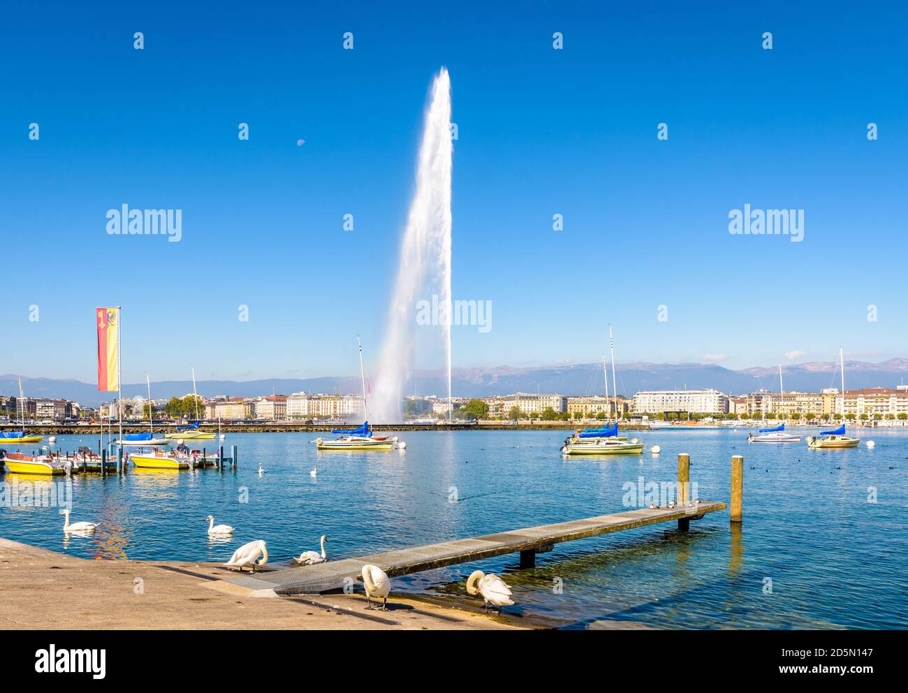 Die Bucht von Genf an einem sonnigen Sommermorgen mit dem Jet d'Eau Wasserstrahlbrunnen auf dem Genfer See, der zum Wahrzeichen der Stadt wurde. Stockfoto