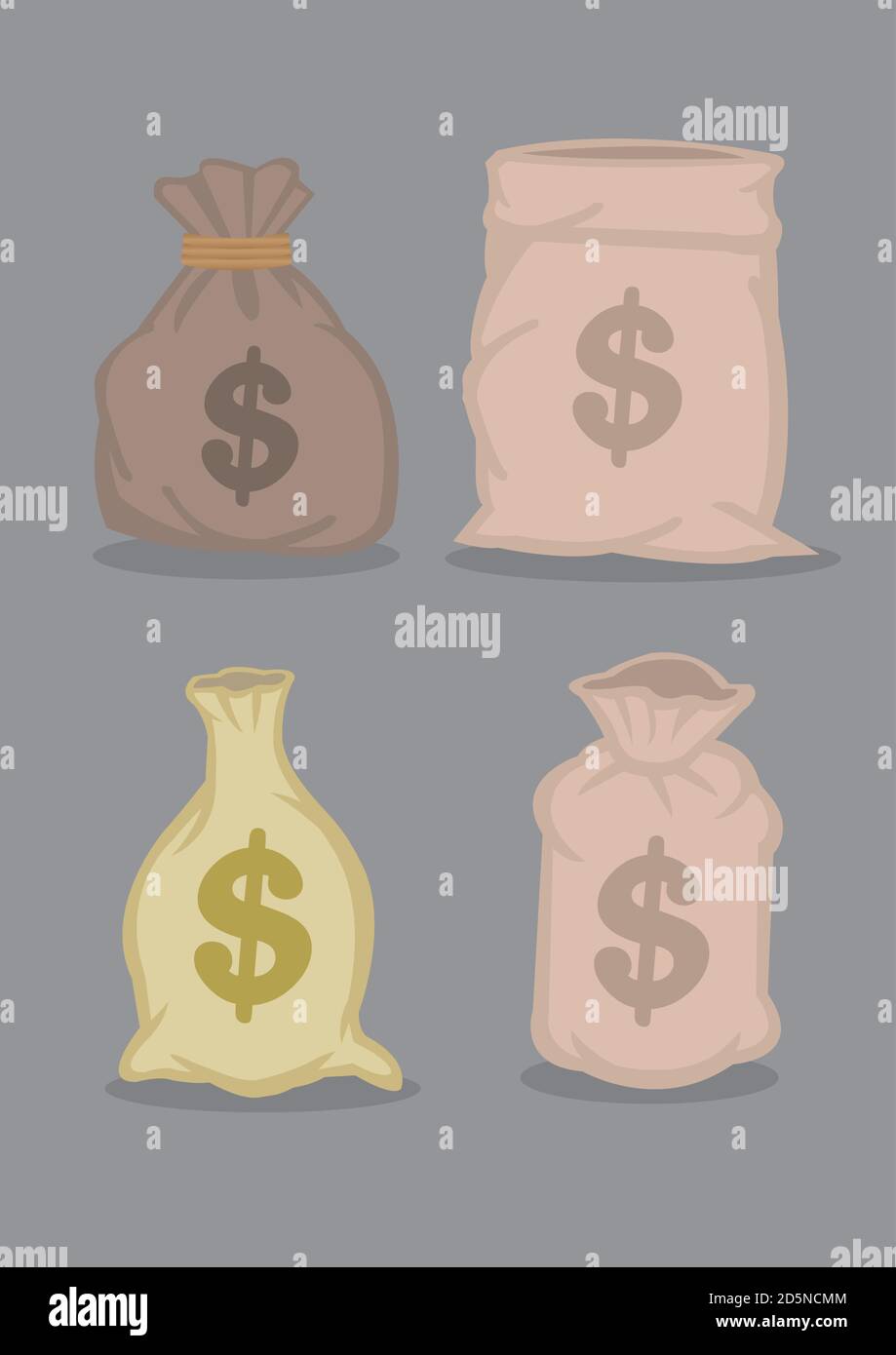 Satz von vier Designs von Säcken voller Geld mit Dollar-Zeichen. Cartoon-Vektor-Illustrationen auf grauem Hintergrund isoliert. Stock Vektor