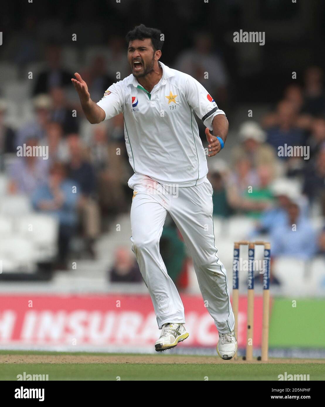 Pakistans Sohail Khan feiert das Nehmen des Wicket von Englands Steve Finn Stockfoto