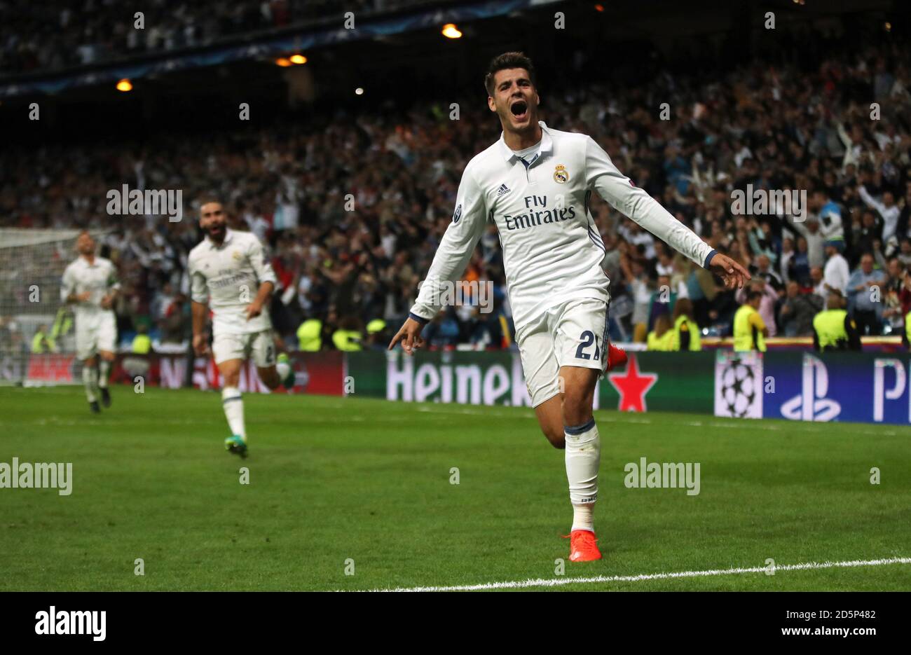 Alvaro Morata von Real Madrid feiert einen Gewinner in letzter Minute Gegen Sporting Libson Stockfoto