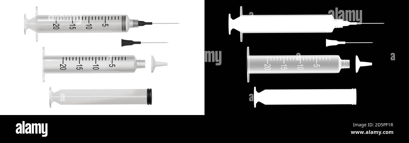 Separate Teile einer 20-ml-Impfstoffspritze. Injektion isoliert auf weiß mit Transparenz Alpha-Maske. Vorlage für Wissenschaft, Medizin und Gesundheitswesen purpo Stockfoto