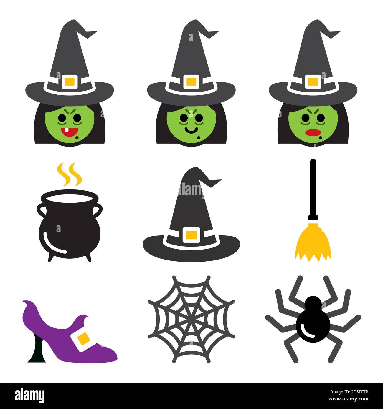 Hexe Charakter Halloween Vektor-Symbole in Farbe gesetzt. Gruselhexe und ihre Ehrungen zum Feiern Stock Vektor