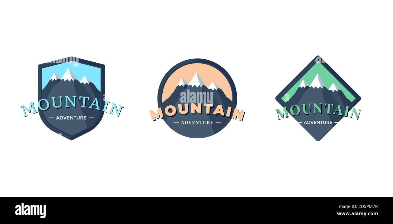 Mountain Adventure Schild Logo Abzeichen für Extremtourismus und Sportwandern. Outdoor Natur Rock Camping Platz und Kreis Label Set Vektor eps Illustration Stock Vektor
