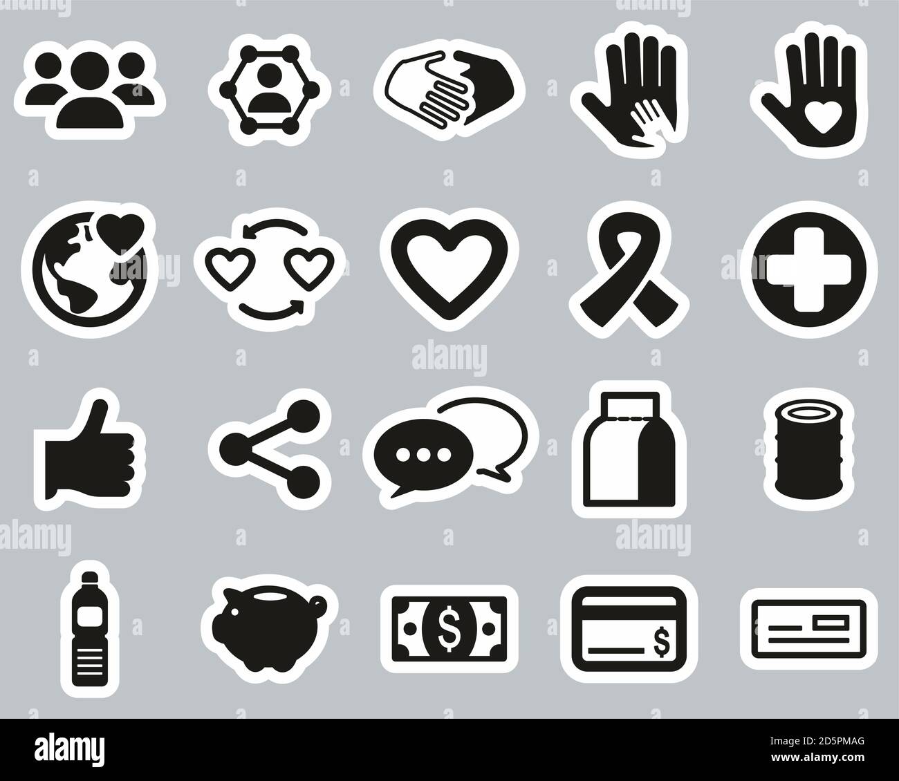 Charity Oder Charity Work Icons Schwarz & Weiß Sticker Set Groß Stock Vektor
