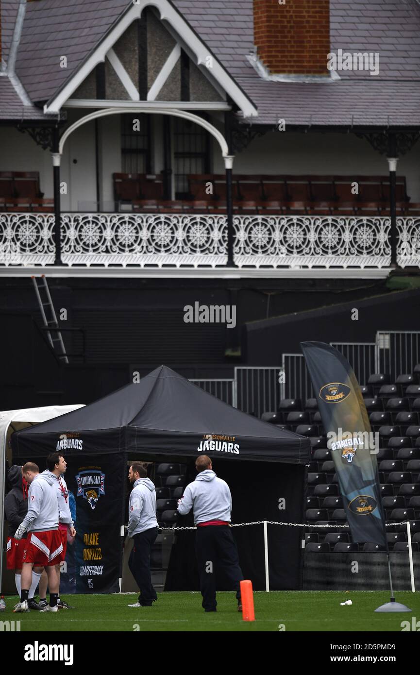 Jacksonville Jaguars Branding während des Jaguars Se7ens Cup im Craven Cottage, London. Stockfoto