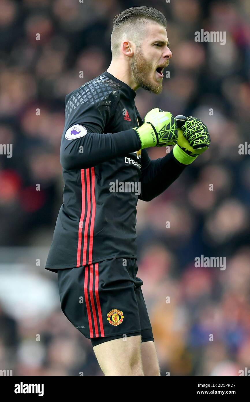 Manchester United Torwart David De Gea Gesten während der Premiere Ligaspiel Stockfoto