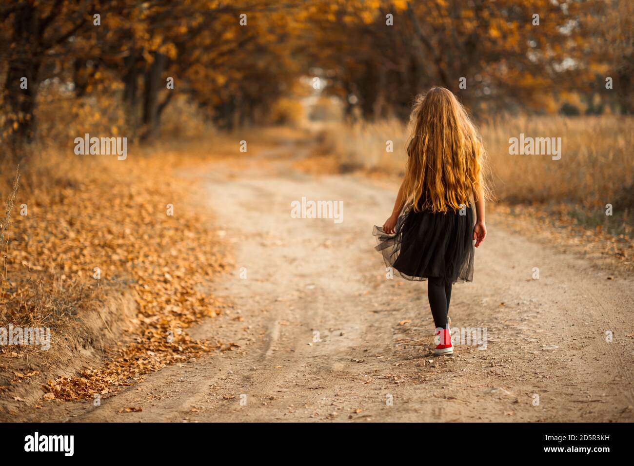 Ein Teenager-Mädchen mit langen lockigen Haaren läuft auf einem Waldweg. Stockfoto