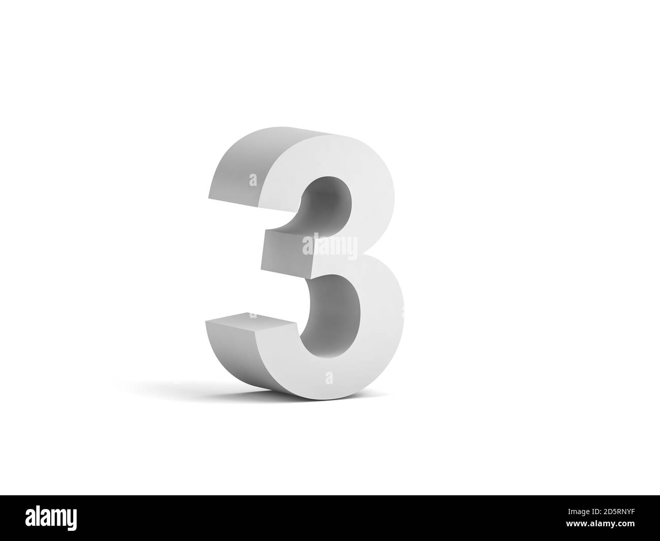 Weiße fett Ziffer 3 isoliert auf weißem Hintergrund mit weichen Schatten, 3d-Rendering-Illustration Stockfoto