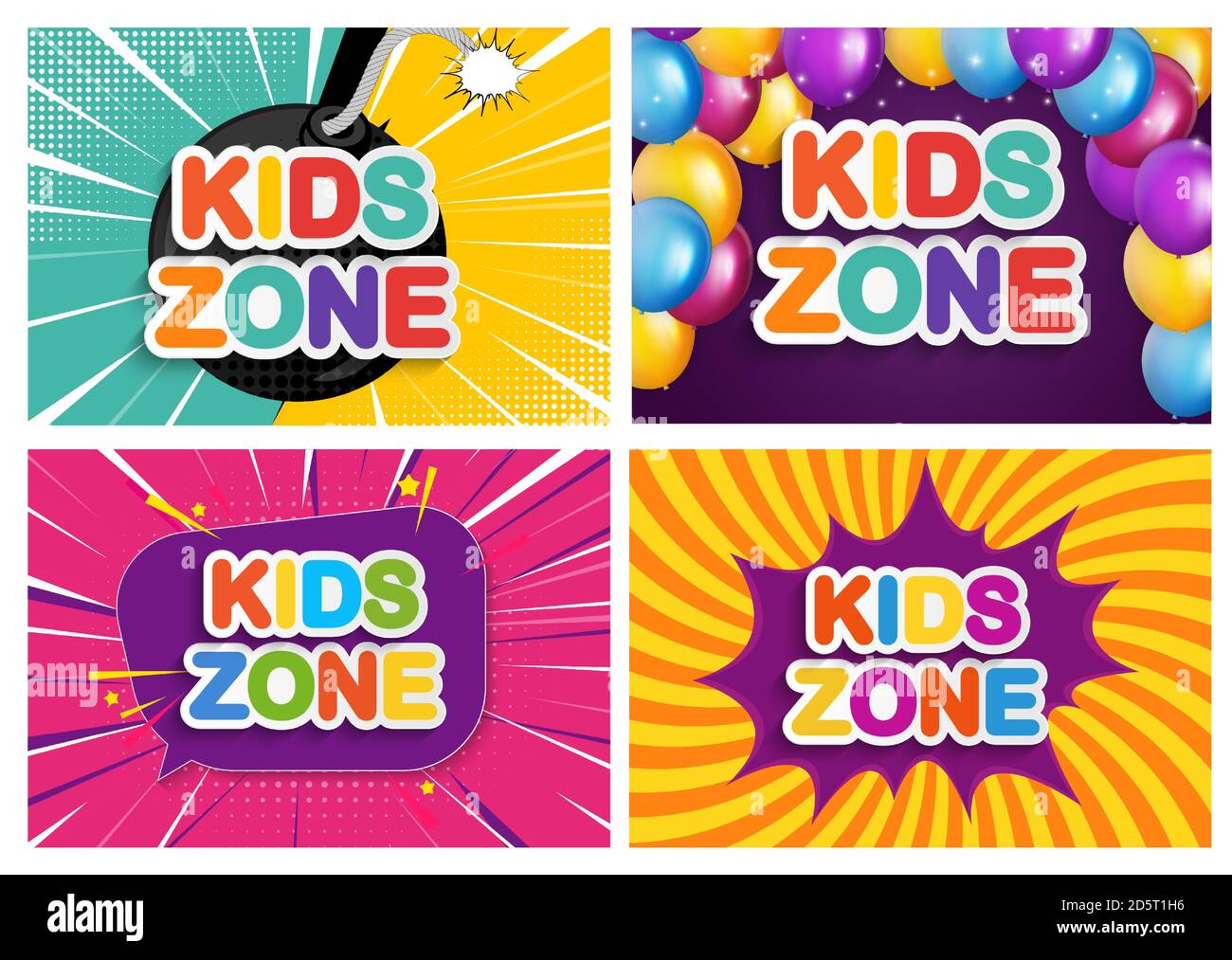 Kids Zone Banner für Kinder Spiel, Party, Plakate, Spielplatz, Unterhaltung, Bildungsraum.Vektor-Illustration EPS10 Stock Vektor