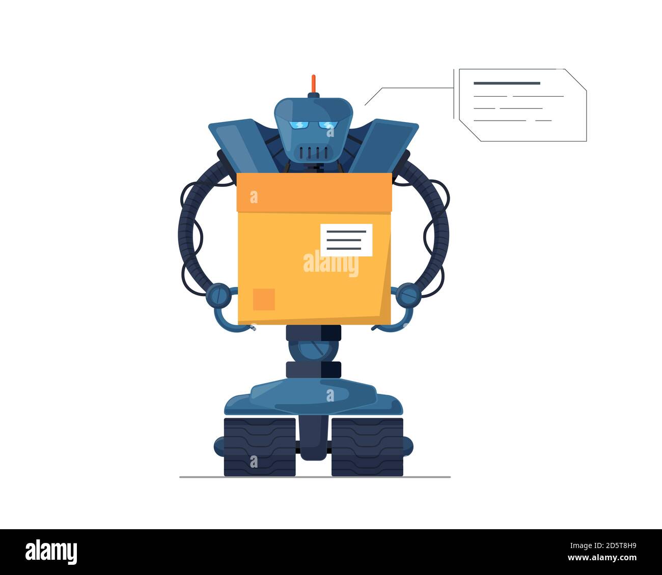 Roboter Kurier trägt Paketkasten Zukunftstechnologie. Robotische Lieferung modernes Servicekonzept. Automatisierte AI Droid logistischen Vektor flach isoliert Illustration Stock Vektor