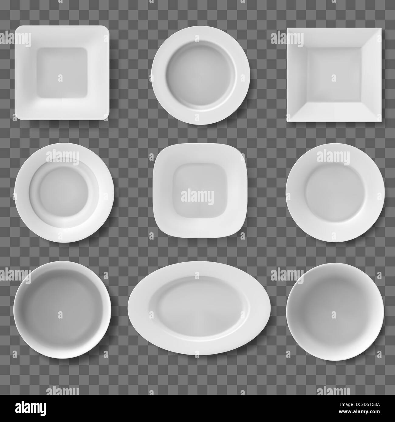 Realistische Platten. Essgeschirr, leere saubere Schüssel, Küchengeschirr, weiße Teller, Geschirr und Schüsseln. Restaurant 3d Geschirr Vektor Illustration Set Stock Vektor