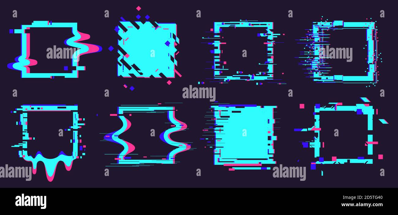 Defekte Rahmen werden beschädigt. Verzerrung dynamische quadratische Elemente, Rauschen Defekt Geometrie Zahlen isoliert Vektor Illustration Symbole gesetzt Stock Vektor