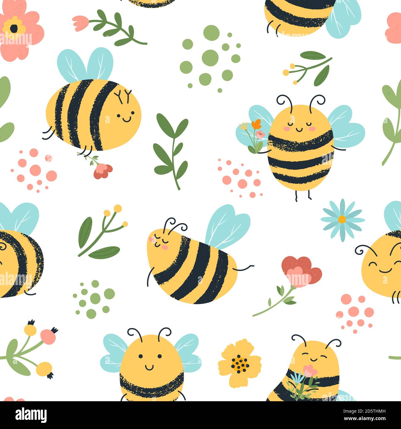 Bienen nahtloses Muster. Nette Hand gezeichnet Honigbienen, fliegende gelbe Insekten, Blumen und Honigbiene Doodle Hintergrund Vektor-Illustration Stock Vektor