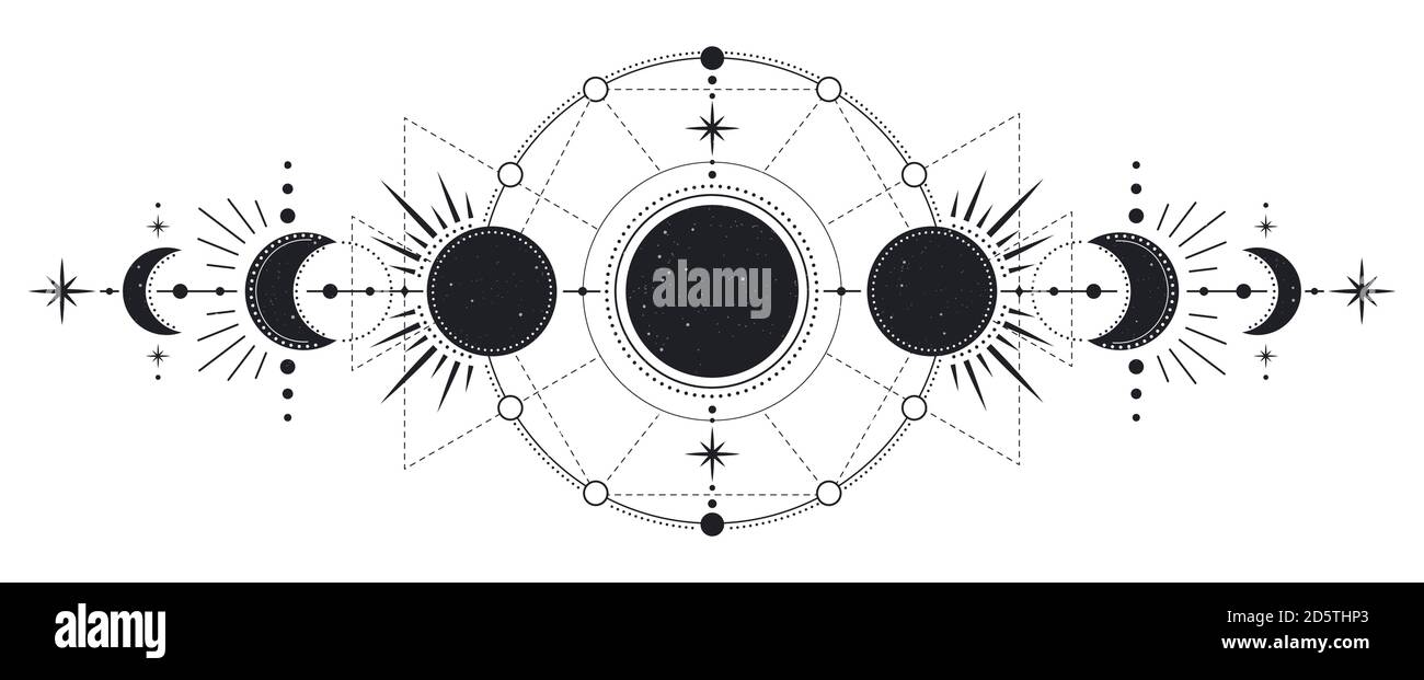 Mondphasen. Geheimnisvolle Mondlicht Aktivität Stadien, Hand gezeichnet heiligen Geometrie Mond, magische Astrologie Symbole, Phasen des Mondes Vektor-Illustration Stock Vektor