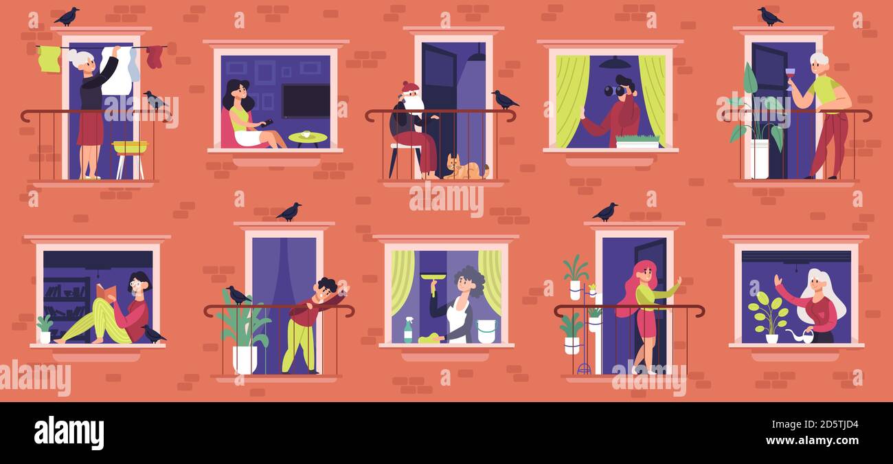 Nachbarfenster. Menschen bei der Wohnung Haus Fenster kommunizieren, Nachbarn Zeichen Blick aus Fenstern Rahmen Vektor-Illustration gesetzt Stock Vektor