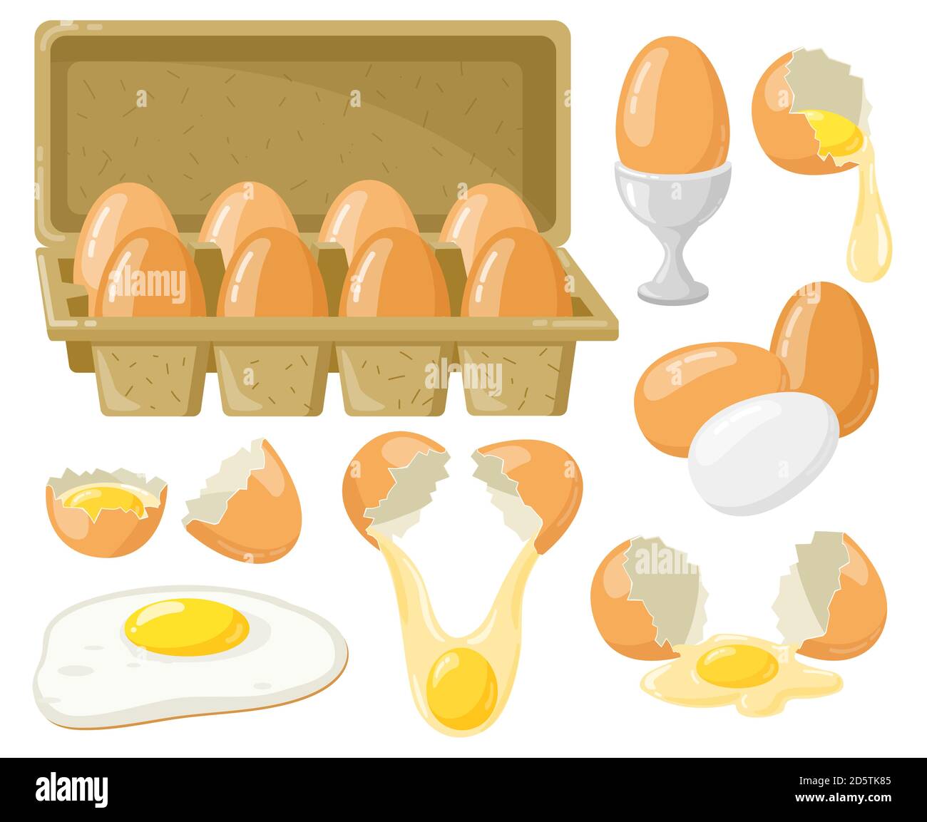 Cartoon Hühnereier. Frische, gekochte, Spiegeleier, zerbrochene Eier, Halbei mit Eigelb, Eier in Pappkarton. Bio-Bauernhof Lebensmittel Vektor Illustration Set Stock Vektor