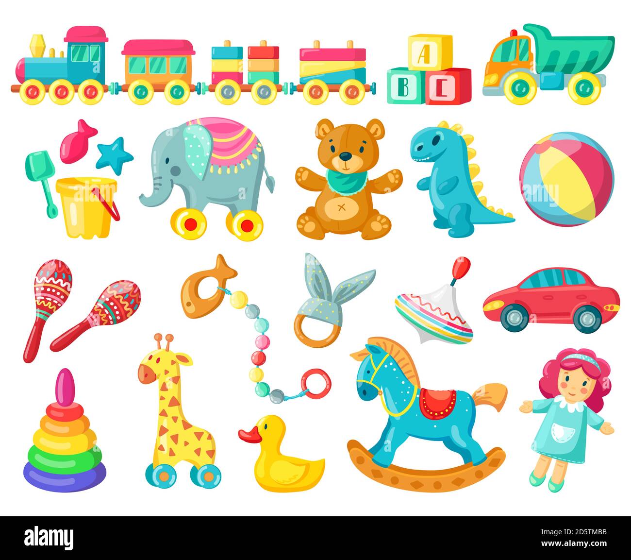 Cartoon Kinder Spielzeug. Baby Plastik und Holzspielzeug, Bär, Ball und Puppe, Kinder Spiel Aktivität, Kind Spaß und Aktivität Vektor Illustration Symbole gesetzt Stock Vektor