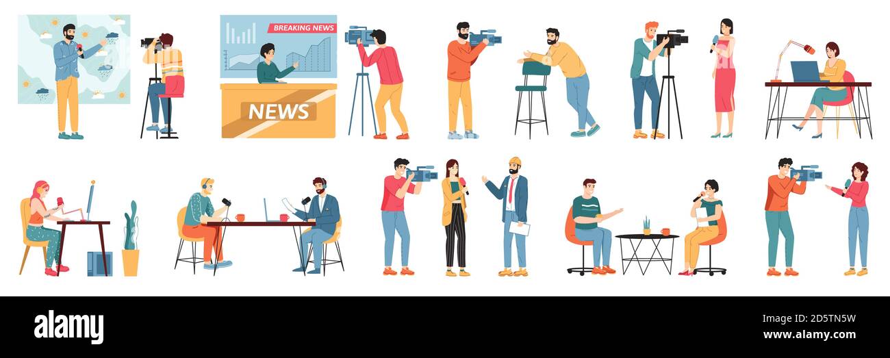 Medien TV Journalisten. Talkshow-Gastgeber, Nachrichtenmoderatoren und Broadcast-Journalist, TV-Industrie Videografen Crew Vektor Illustration Set Stock Vektor