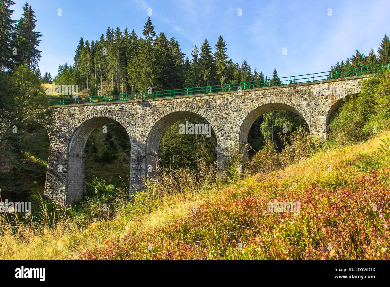 Blick auf Steinbahn Viadukt in einem kleinen Dorf von Pernink, Tschechische republik. Alte tschechische Eisenbahnlinie. Alte Bogenbrücke Stockfoto