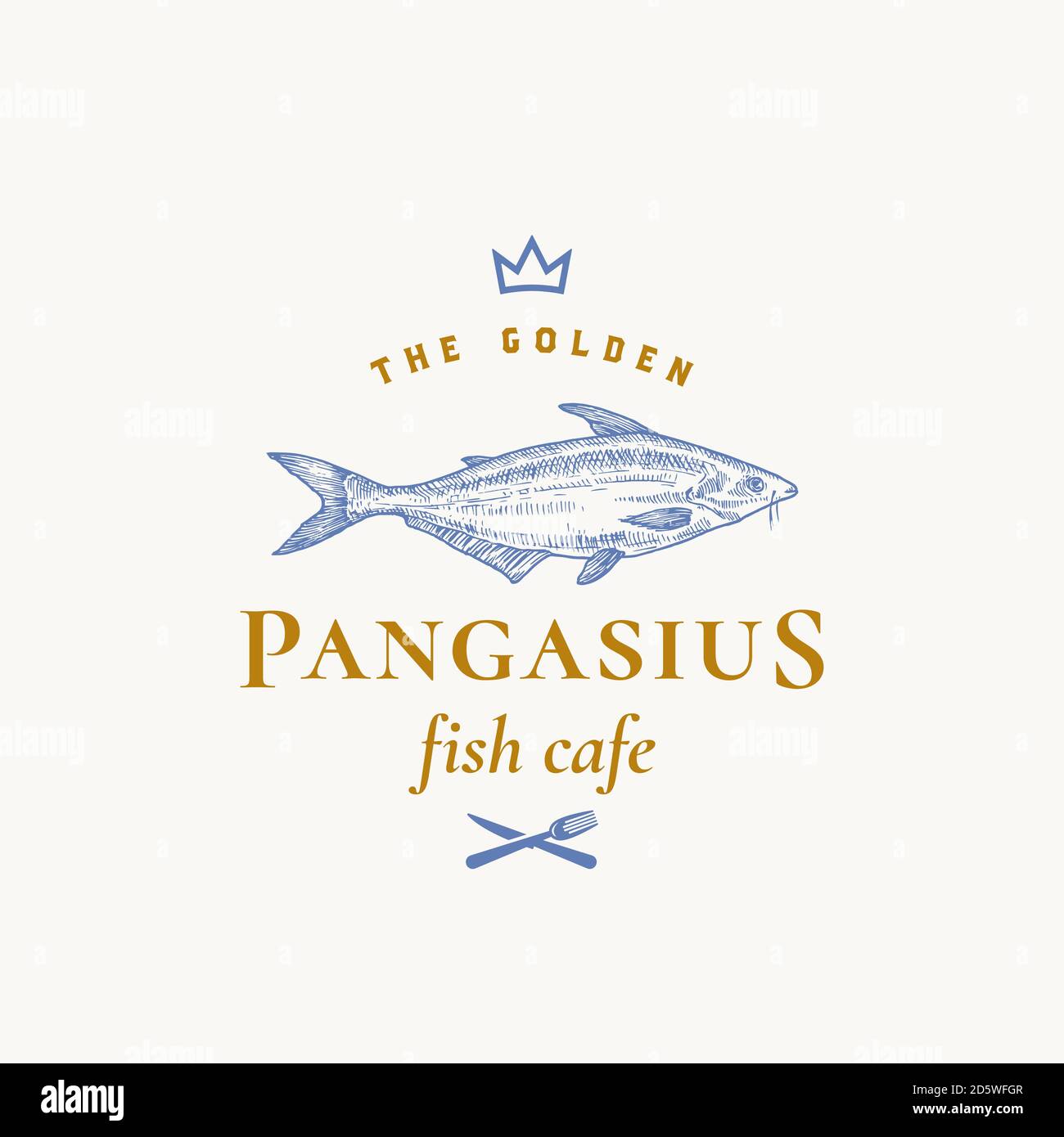 Golden Pangasius abstrakte Vektor-Zeichen, Symbol oder Logo-Vorlage. Handgezeichneter Basa-Fisch mit klassischer Retro-Typografie. Symbol für Krone, Gabel und Messer Stock Vektor