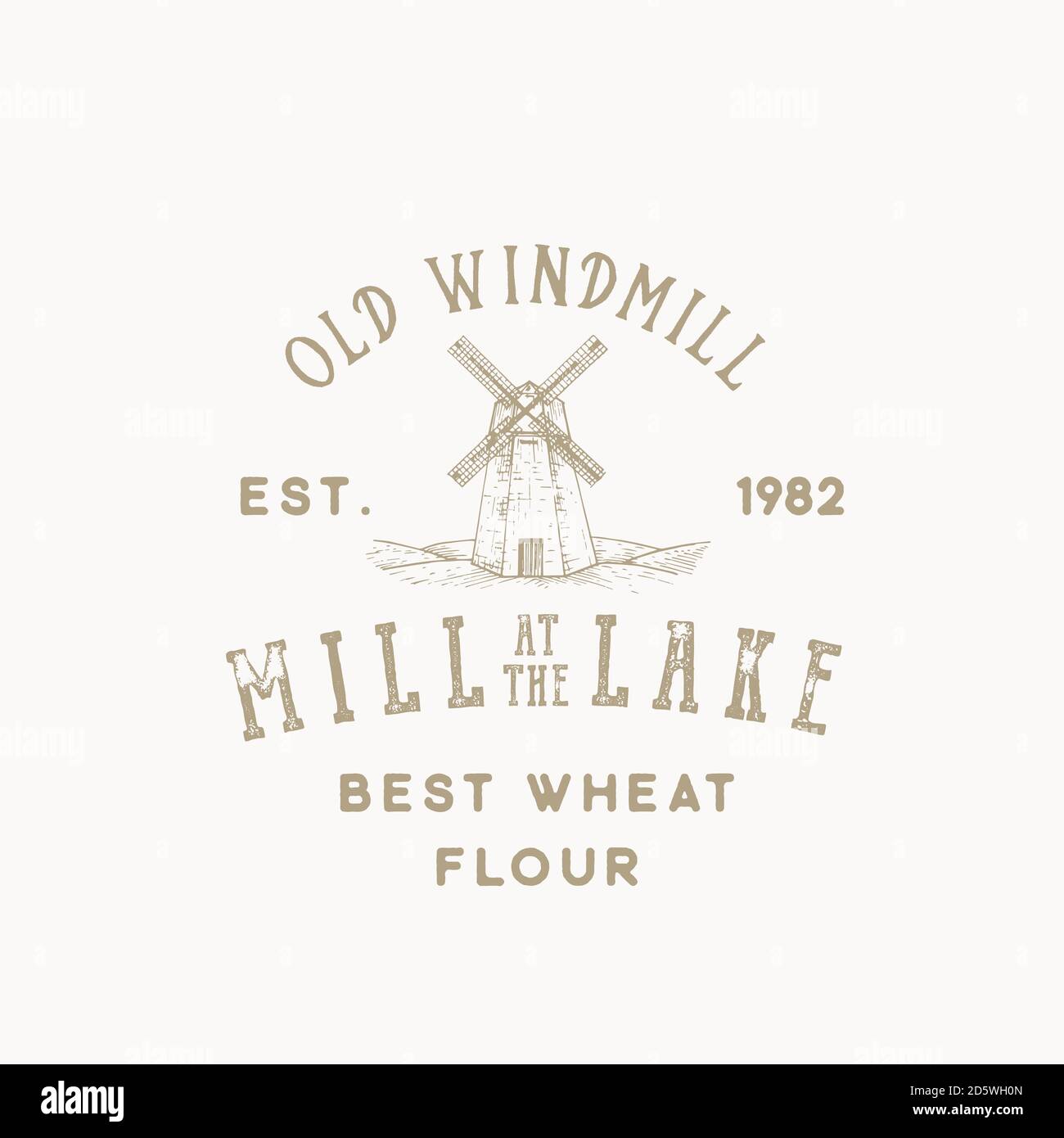 Alte Windmühle Bäckerei abstrakte Vektor-Zeichen, Symbol oder Logo-Vorlage. Skizzenlandschaft mit Gebäudezeichnung und Retro-Typografie. Vintage-Emblem. Stock Vektor