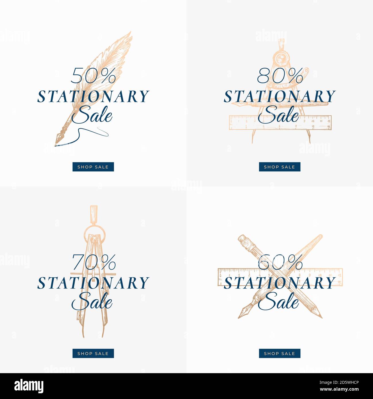 Stationärer Herbst Sale-Set. Sammlung abstrakter Vektoretiketten, Schilder oder Kartenvorlagen. Handgezeichneter Golden Pen, Bleistift, Kompas und Lineal Sketch Stock Vektor