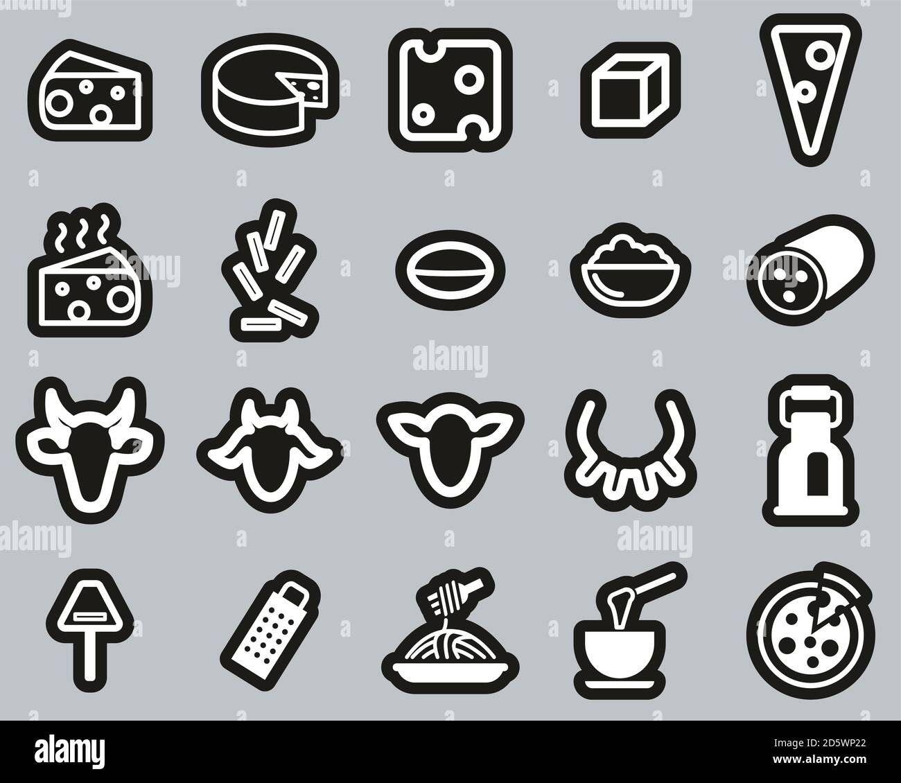 Käsetyp Icons Weiß Auf Schwarz Sticker Set Groß Stock Vektor