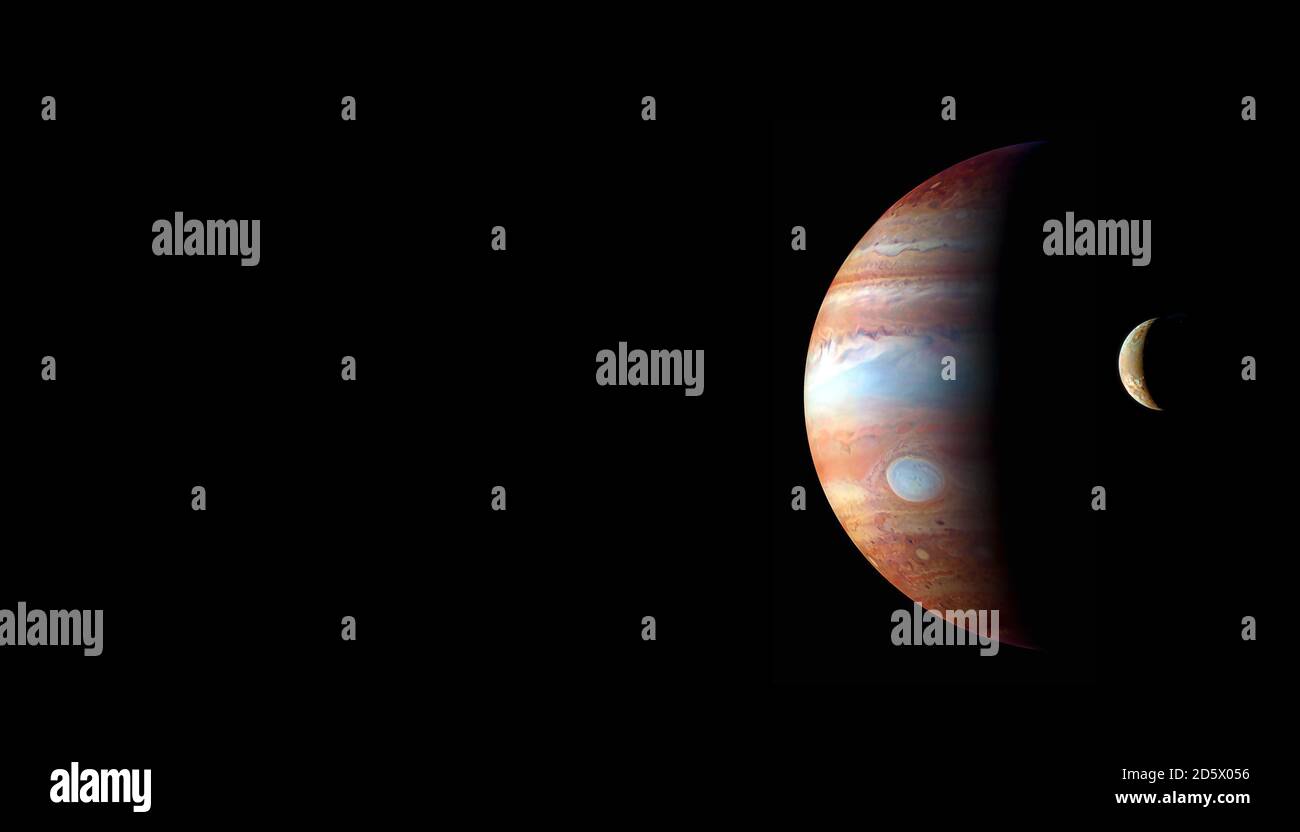 Planet Jupiter und sein Satellit im Weltraum. 3D-Rendering Stockfoto