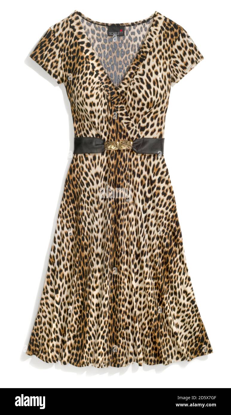 Sommerkleid mit Cheetah-Print und schwarzem Gürtel aus dem Gwen Stefani Scarlett Bekleidungslinie auf weißem Hintergrund fotografiert Stockfoto