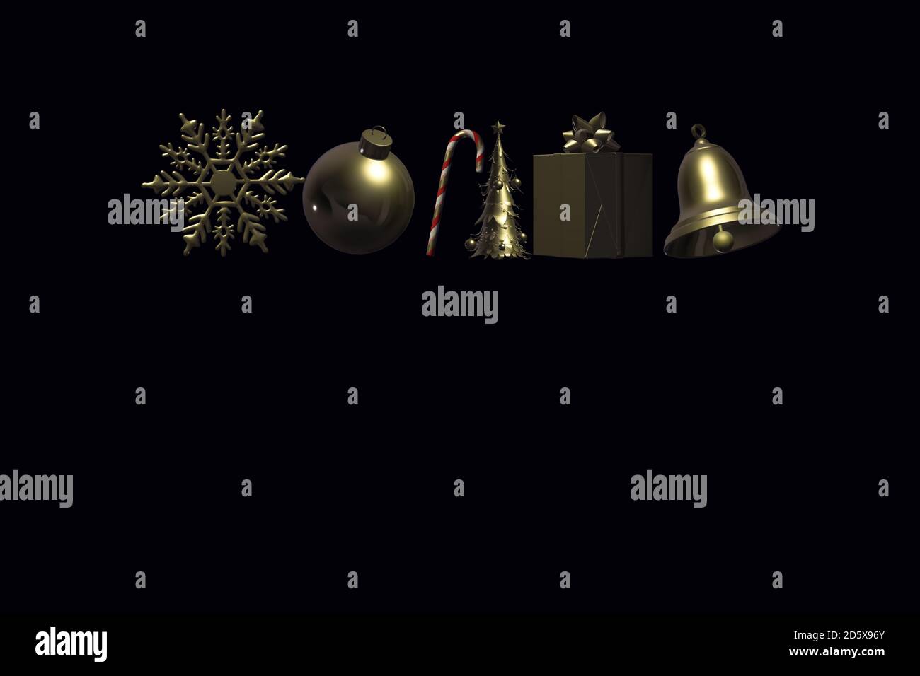 Symbole von Weihnachten. Gold glänzende Symbole von Weihnachten auf schwarzem Hintergrund. Schneeflocke, Ball, Süßigkeiten, Weihnachtsbaum, Geschenkbox, Glocke. Platz für Text, Grußkarte, Kopfzeile. 3D-Rendering Stockfoto