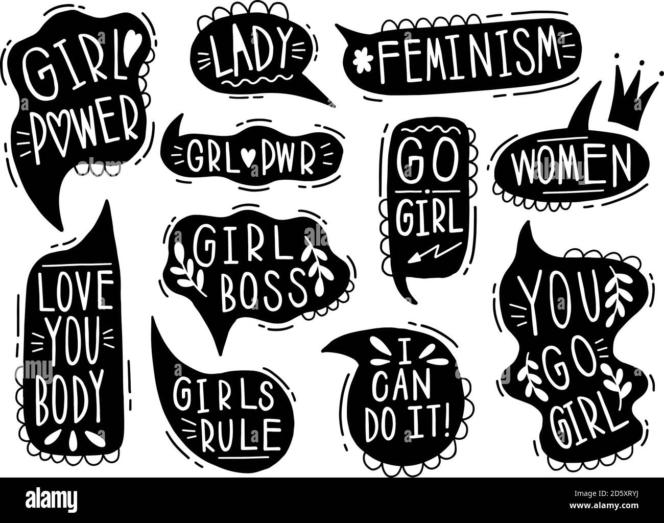 Sammlung Hand gezeichnet kommunizieren Feminismus Rede. Design Element Slogan Doodle Business Message. Stock Vektor