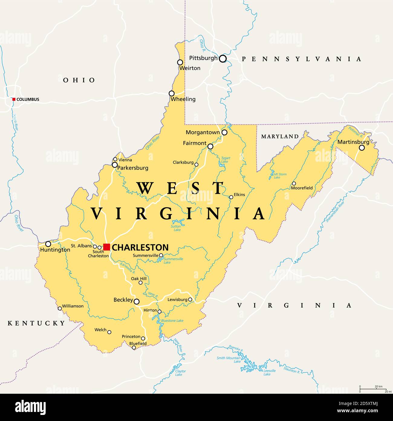 West Virginia, WV, politische Landkarte. Staat in der Appalachischen Region im Süden der Vereinigten Staaten von Amerika. Teil der südöstlichen Region des Mittelatlantiks. Stockfoto