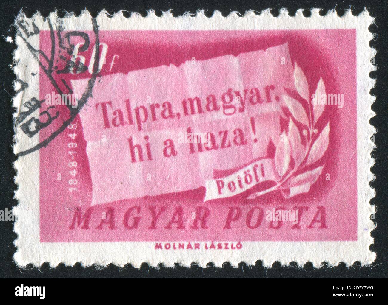HUNGURY - UM 1948: Briefmarke gedruckt von Ungarn, zeigt Slogan und Olivenzweig, um 1948 Stockfoto