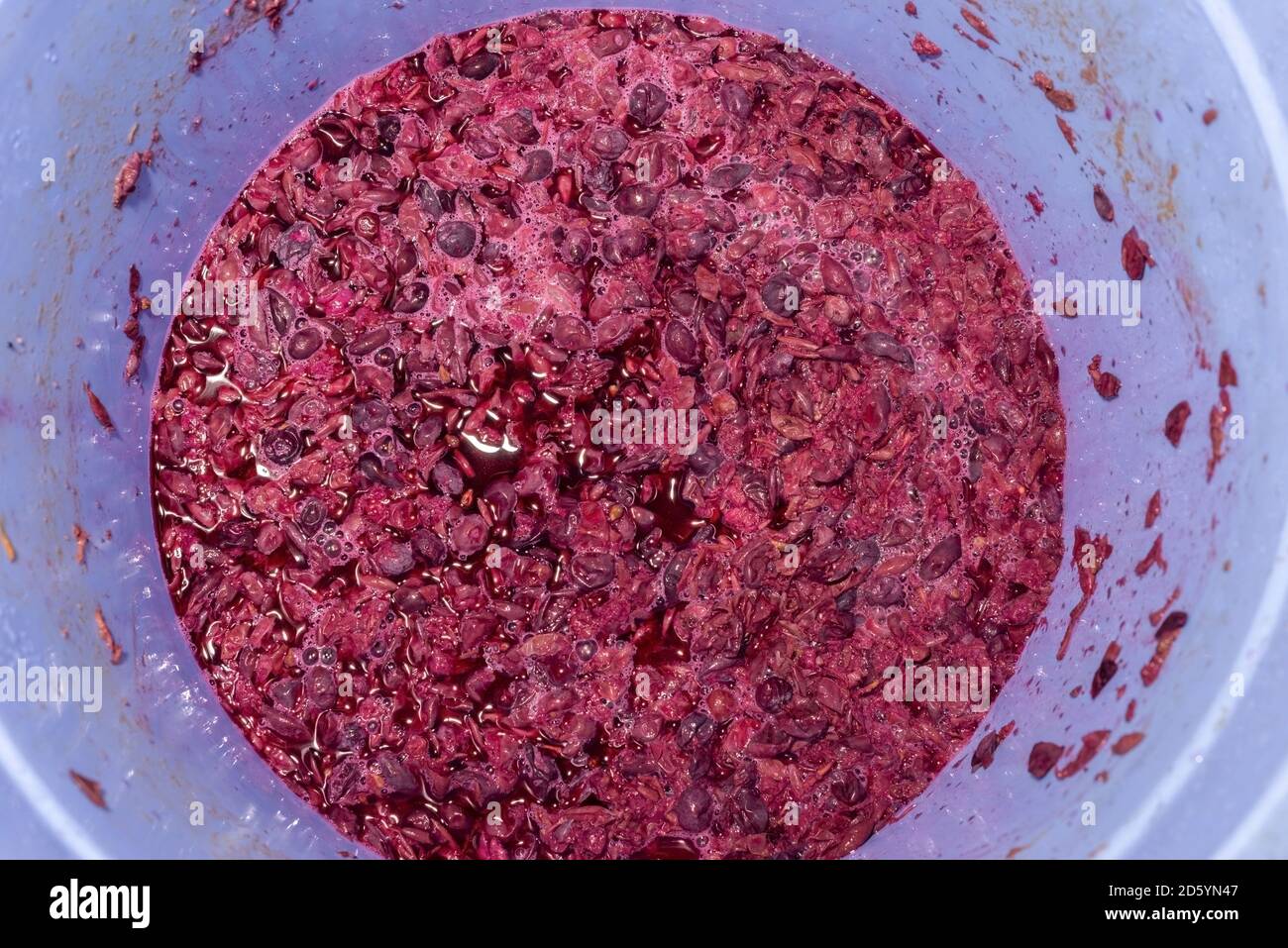 Draufsicht die Textur von gepressten Traubensaft mit zerkleinert Rosa Beeren Rückstände Pressrückstand Stockfoto