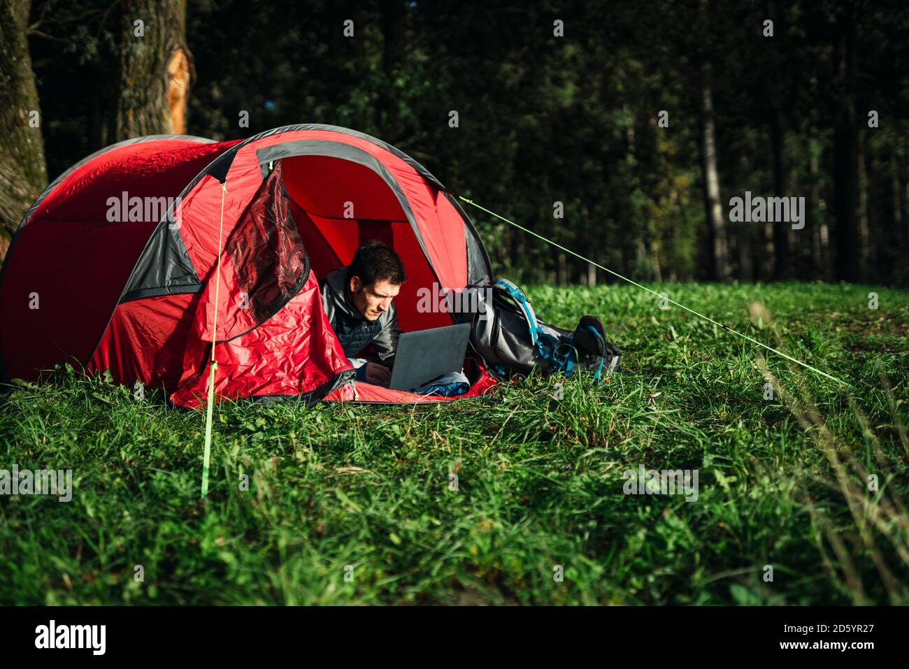 Mann, der in Estland zeltet, in seinem Zelt sitzt, mit Laptop Stockfoto
