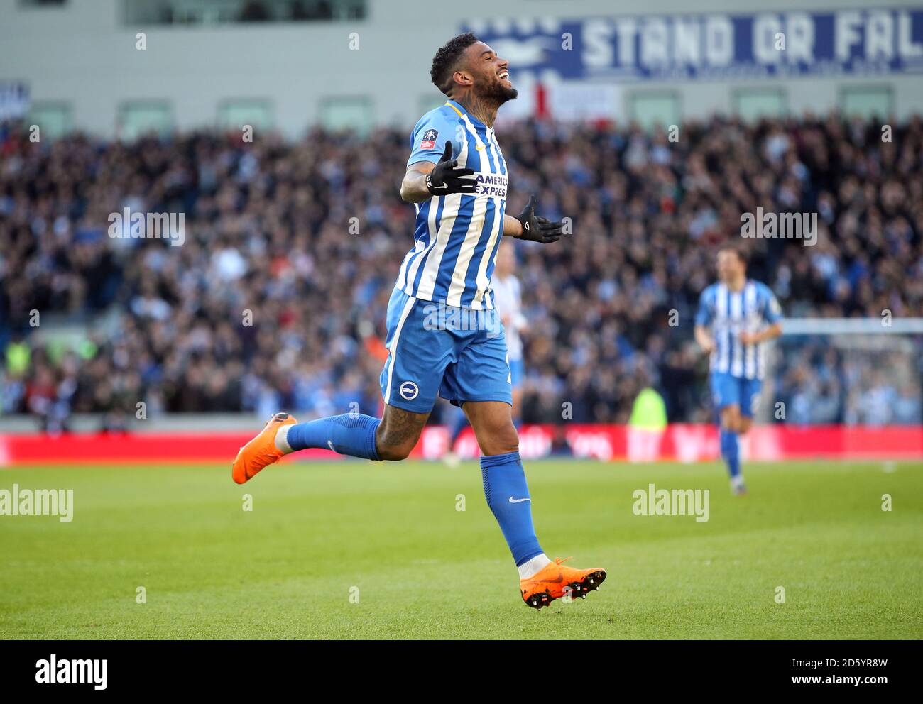 Jurgen Locadia von Brighton und Hove Albion feiert das Scoring seiner Seite Erstes Tor des Spiels Stockfoto